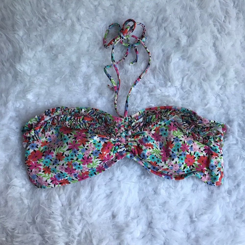Beach House Swimsuit Bikini Top Ruched Halter Floral Size 10 Ruffles
